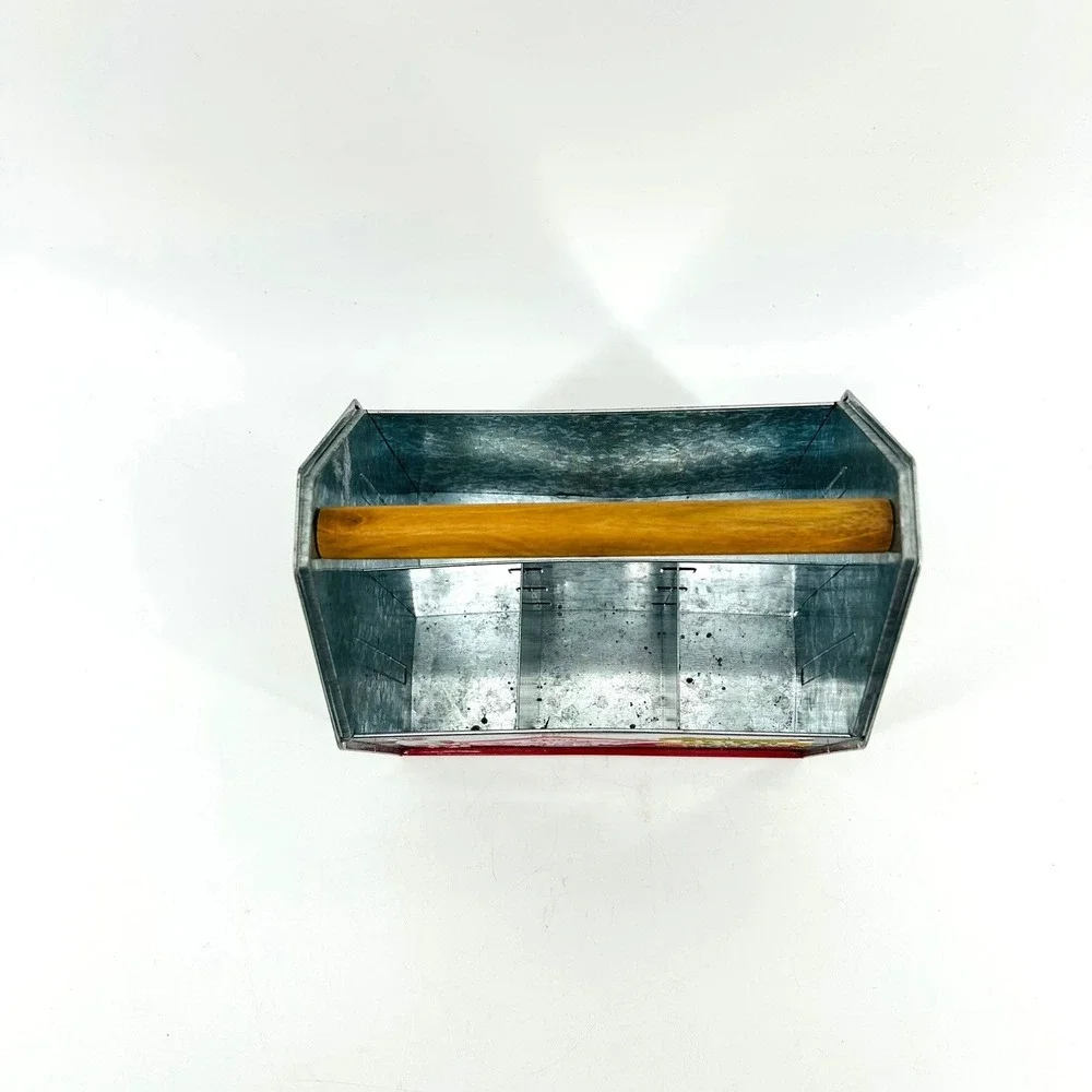 Coca Cola Galvanized Metal Tin Caddy Wooden Handle Thirst Stops Here Retro Decor